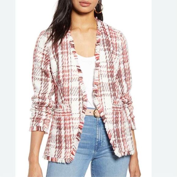 Halogen Jackets & Blazers - Halogen Tweed Fringed Lined Blazer Women’s Small Coastal Chic Black White Salmon